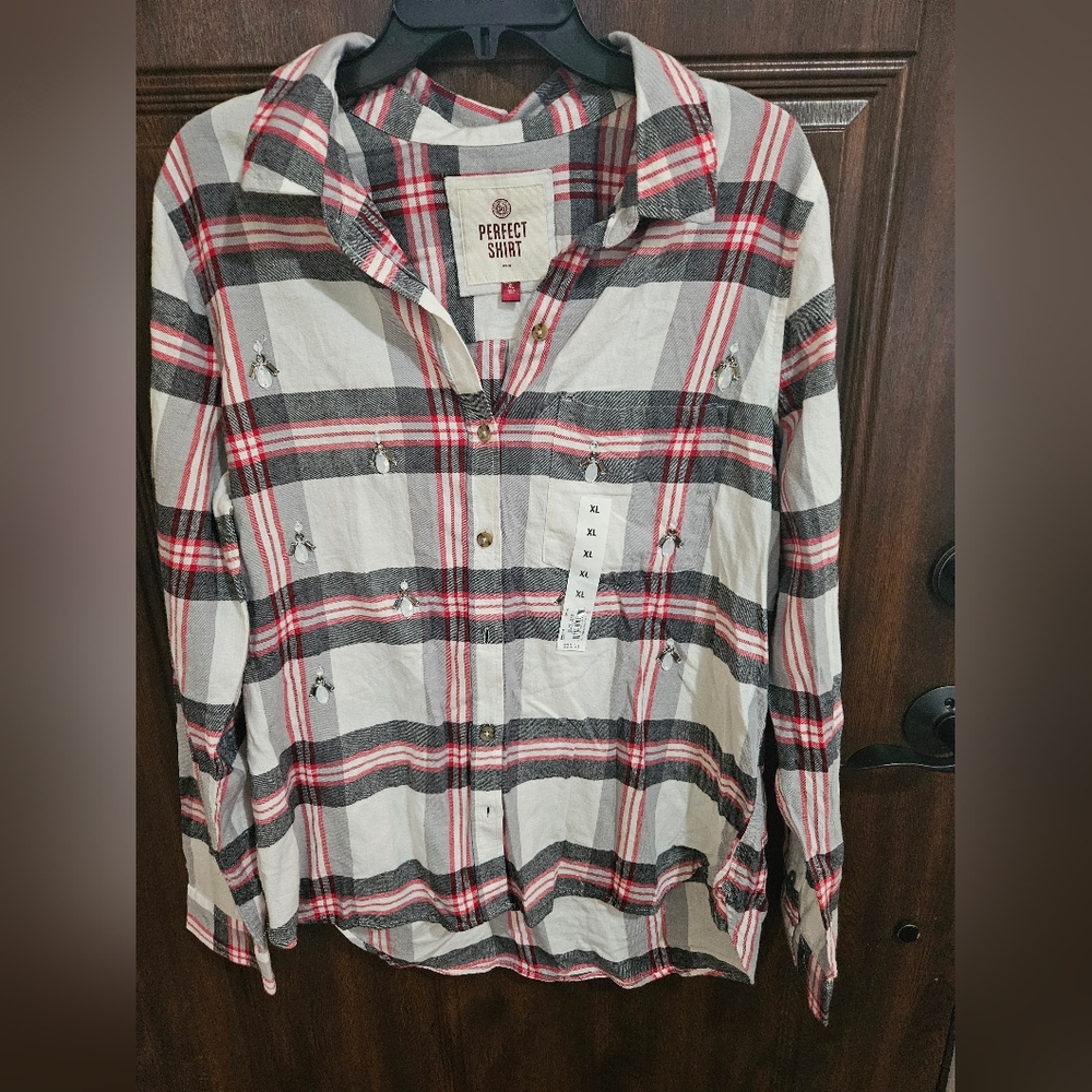 SO Plaid Button-Down Shirt in Red, Black, and White - Picture 1 of 12